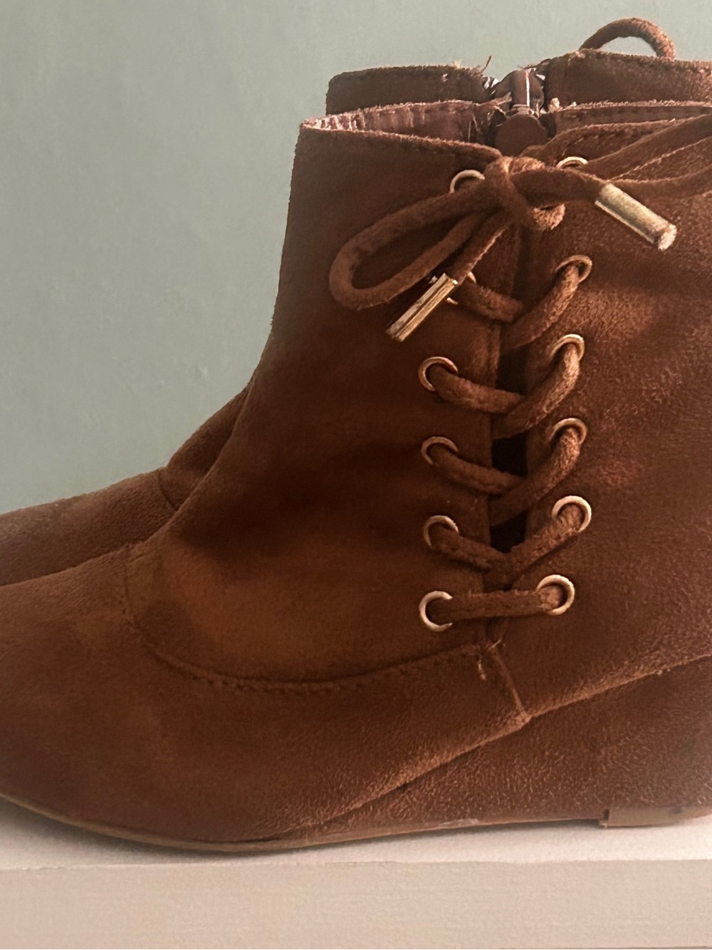 Link Girls Brown Suede Wedge Ankle Bootie Sz 13